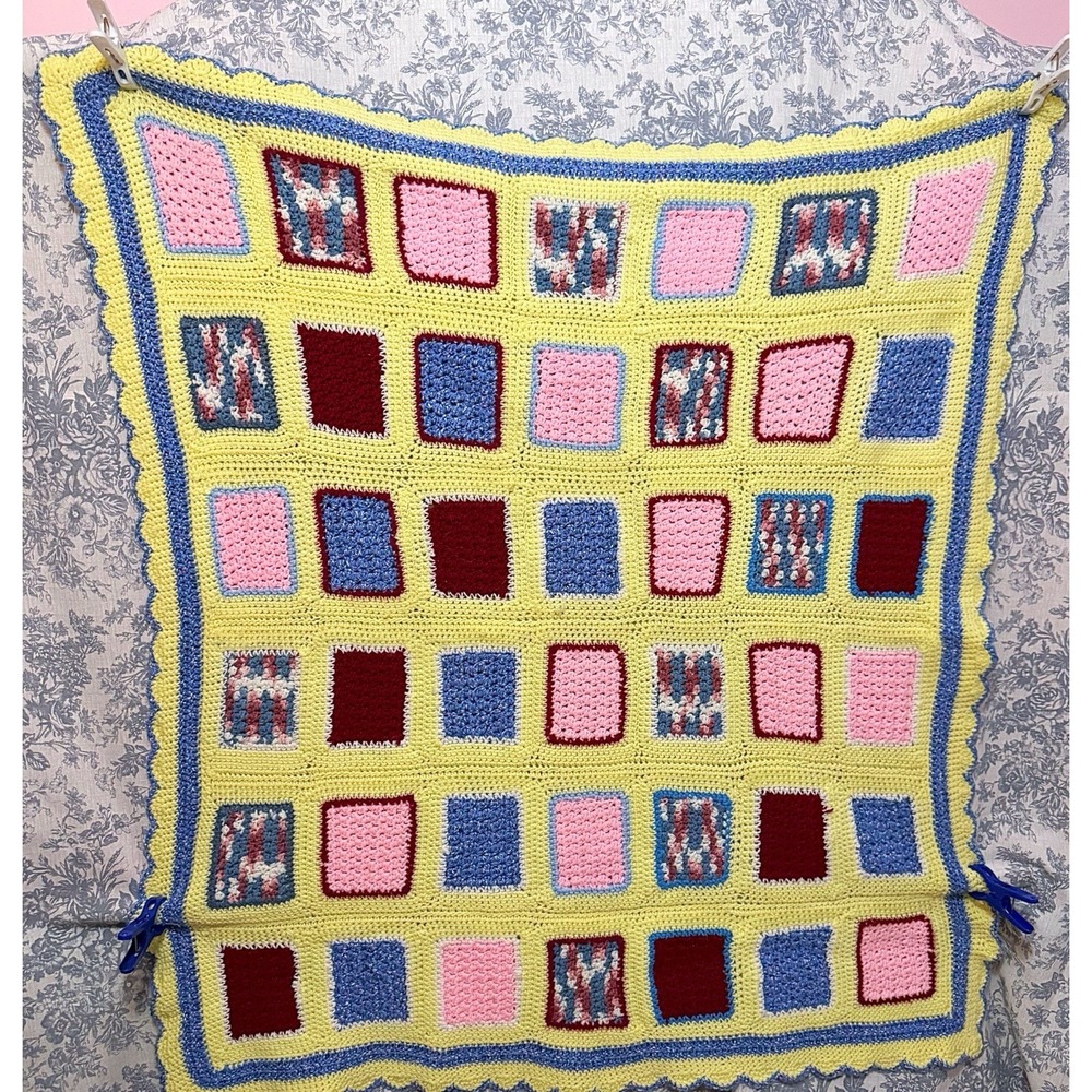 Crochet Afghan Yellow With Colored Squares 46" W X 49" L